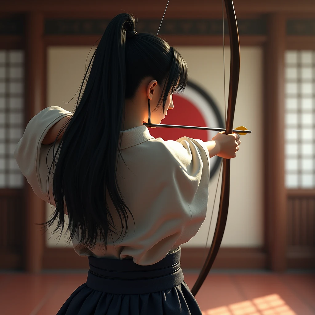 (masterpiece, photo_real, official art, octane-render):1.33, 1girl, back_view, kyudo, archery, traditional_clothing, hakama, yumi, shooting_target, focused_eyes, determined_expression, long_hair, black_hair, tied_hair, dojo_background, Japanese_archery, dynamic_pose, perfect_form, elegant, traditional_sport, detailed_background, precise_aim, serene_atmosphere, traditional_culture, martial_arts, beautiful_girl, arrow_in_flight, traditional_uniform, concentration, calm_expression, traditional_dojo, Japanese_girl, archery_stance, poised, ethereal lighting