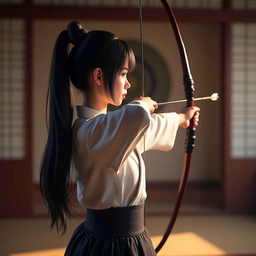 (masterpiece, photo_real, official art, octane-render):1.33, 1girl, back_view, kyudo, archery, traditional_clothing, hakama, yumi, shooting_target, focused_eyes, determined_expression, long_hair, black_hair, tied_hair, dojo_background, Japanese_archery, dynamic_pose, perfect_form, elegant, traditional_sport, detailed_background, precise_aim, serene_atmosphere, traditional_culture, martial_arts, beautiful_girl, arrow_in_flight, traditional_uniform, concentration, calm_expression, traditional_dojo, Japanese_girl, archery_stance, poised, ethereal lighting