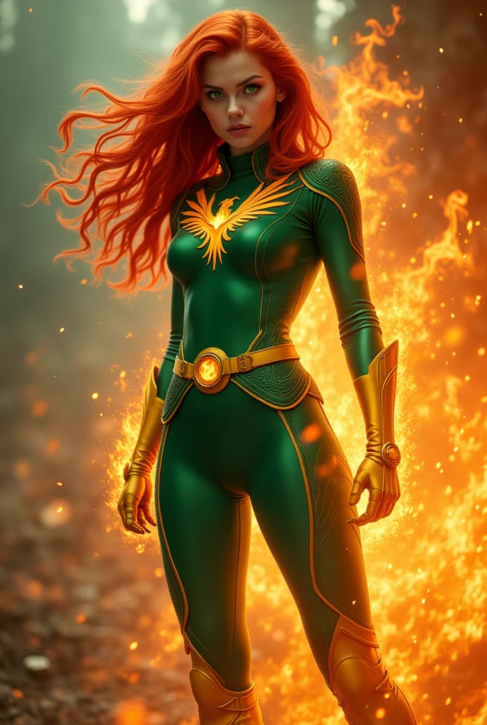 1girl, green eyes, redhead, green suit, yellow gloves, belt and boots, phoenix symbol, burning aura