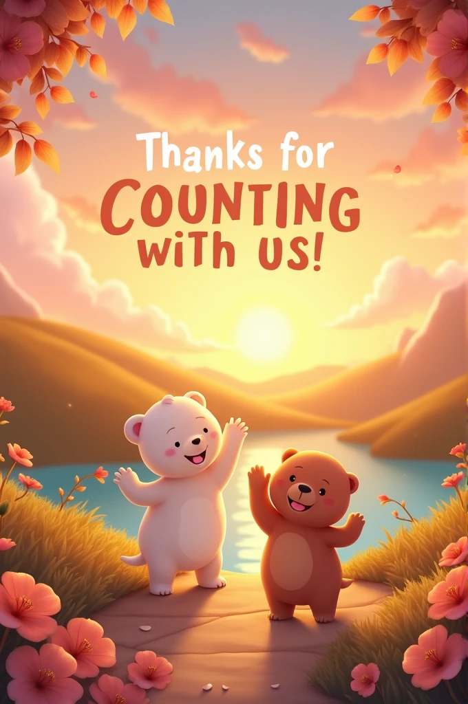 Warm and Friendly Goodbye
Prompt: “Design a warm and friendly closing screen with a cozy background, like a sunset or a calm landscape. Include a gentle message like ‘Thanks for Counting with Us!’ and a friendly character or animal saying goodbye. The design should evoke a sense of warmth and satisfaction, making viewers feel appreciated and happy.”