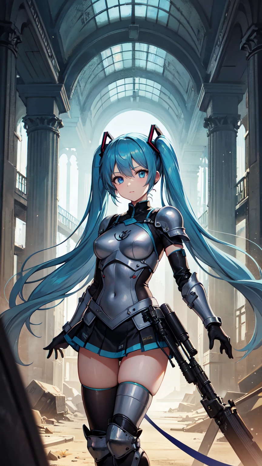 Hatsune Miku VOCALOID、Twin tails、Light blue hair、Light blue eyes、((Detailed photo of a futuristic beautiful female warrior in a dystopian city)), ((Tattered clothes with rusty metal armor)), long and disheveled hair, Tattoos on the arm and body, Fashion pose, Blue eyes with round irises, Detailed face, Apocalyptic Environment, Natural body pose, Professional Photographer, Shooting with a professional SLR camera, Professional fantasy artist, Professional Rococo and Baroque Background Artist, Professional Art Station Artists