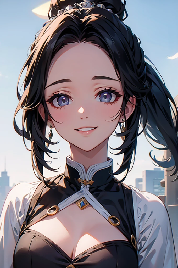 ((((High resolution, Intricate details, masterpiece, 8k)))), (((beautiful, Lots of races))), ((One Woman, face close up, Smiling)), (Black Hair, Forehead, Long Hair, ponytail, hair ornaments, slender), from front, looking at viewer, look at viewer, town, night, moon,
