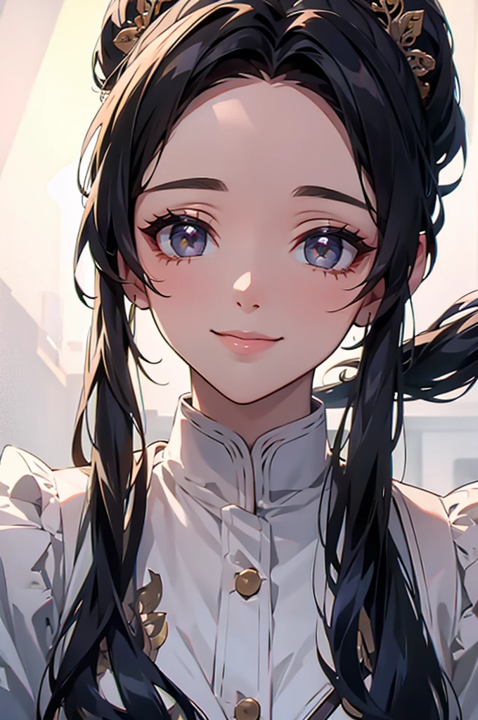 ((((High resolution, Intricate details, masterpiece, 8k)))), (((beautiful, Lots of races))), ((One Woman, face close up, Smiling)), (Black Hair, Forehead, Long Hair, ponytail, hair ornaments, slender), from front, looking at viewer, look at viewer, town, night, moon,
