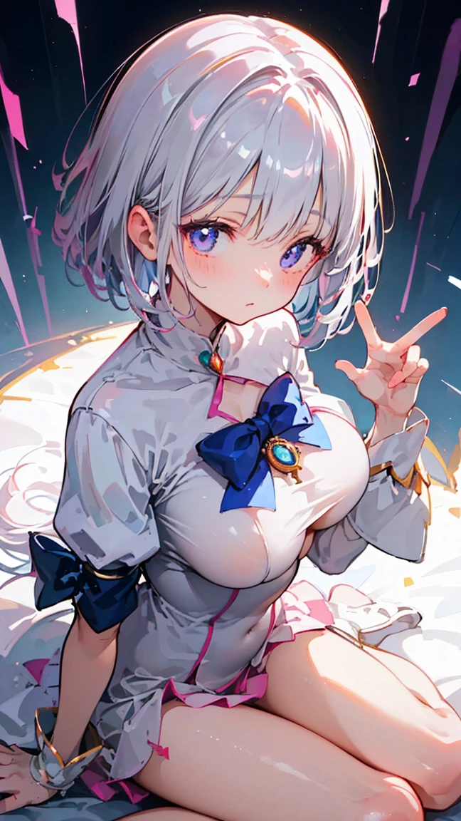 Ultra-high resolution, 8k,high quality,(((low length,、Young Girl、Magical girl))),(Retrospective angle,Cunning Hand),(、glowing、iridescent light,soft shadow,Anime Painting,thin line drawing),One Little Woman,(((Big Tits、Round Breasts))),