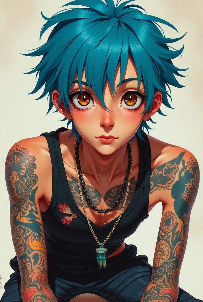 Appearance: Electric blue hair, short and unkempt, contrasting with her deep, expressive brown eyes. it's skinny, with a slightly hunched posture, and she wears colorful and mismatched clothes, expressing your individuality. Abstract tattoos cover her arms, telling silent stories. male character