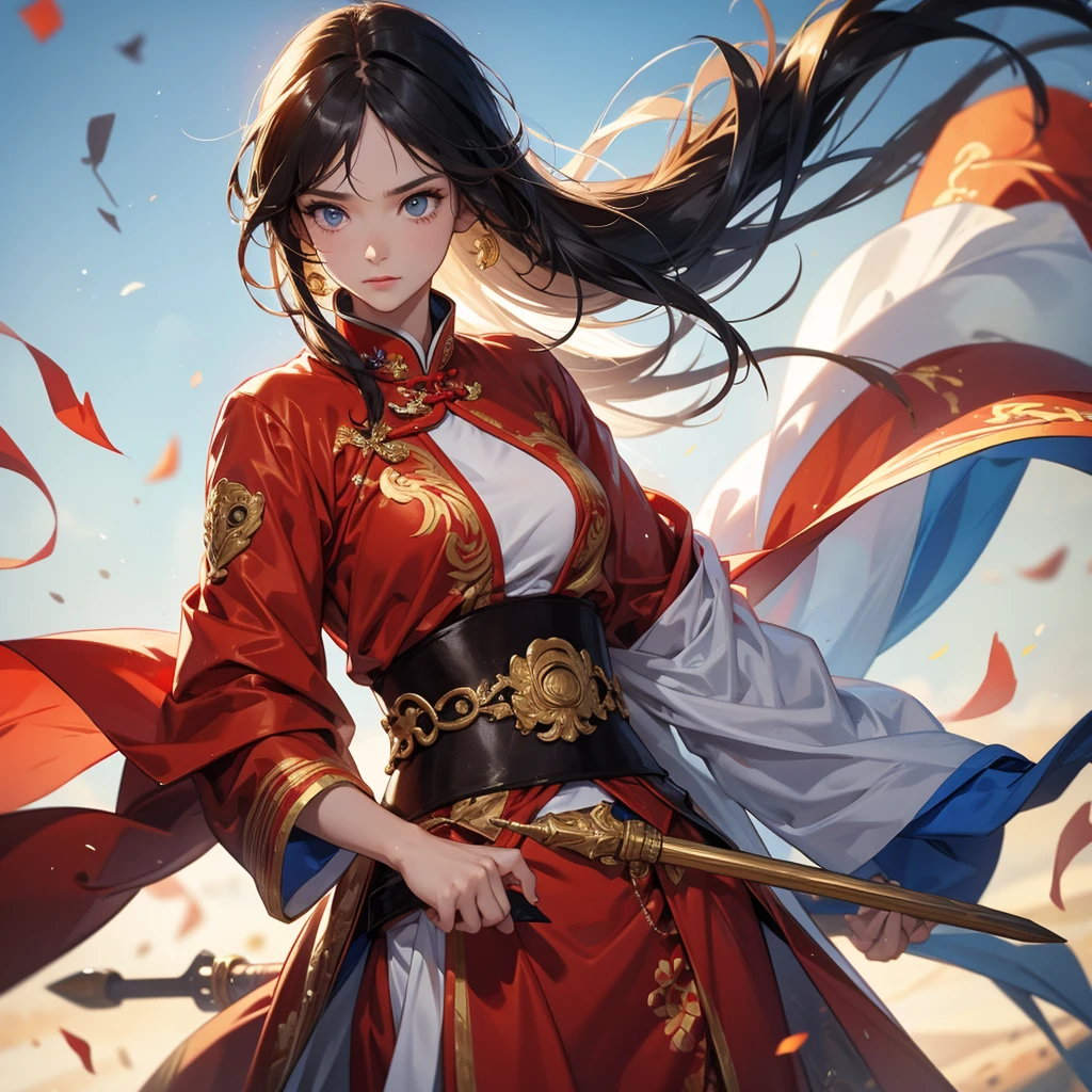 A handsome male general holding a big sword in an ancient Chinese general costume is on an ancient Chinese battlefield.
