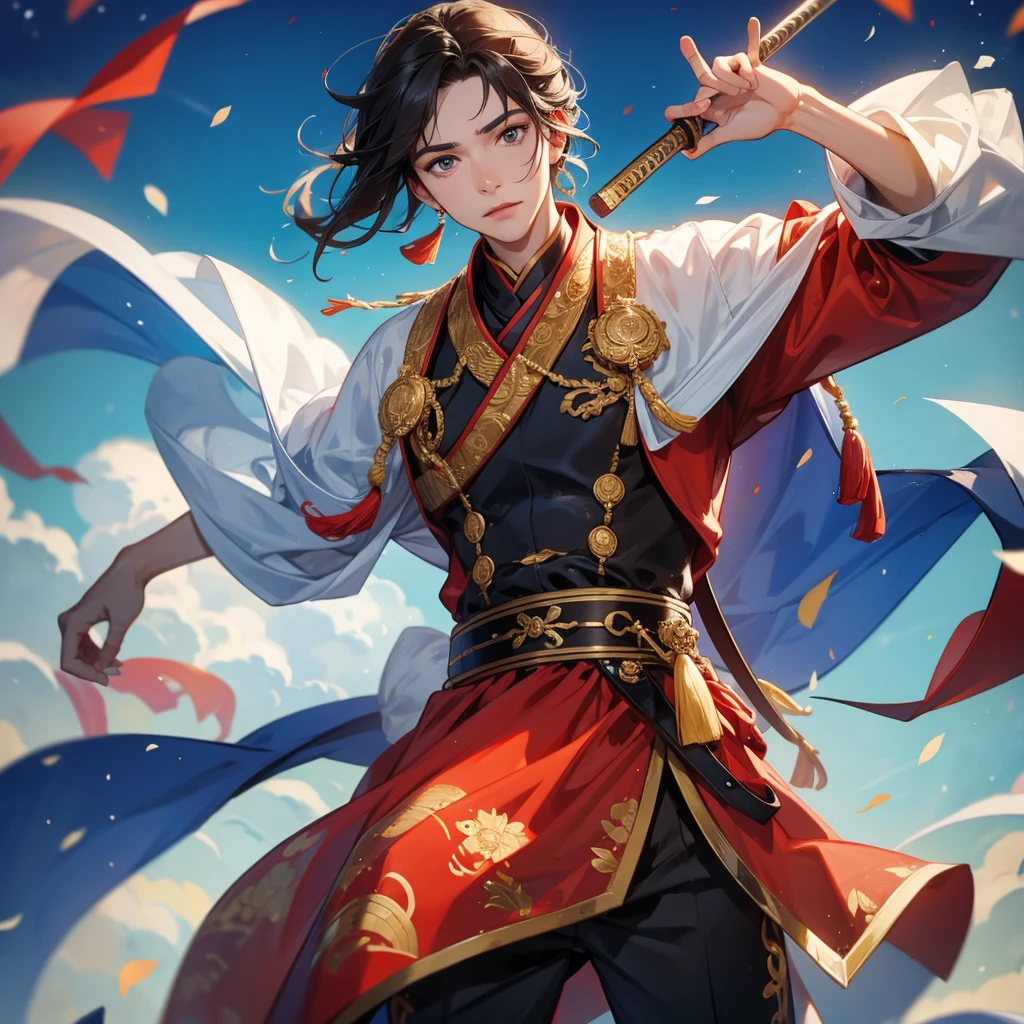 A handsome male general holding a big sword in an ancient Chinese general costume is on an ancient Chinese battlefield.