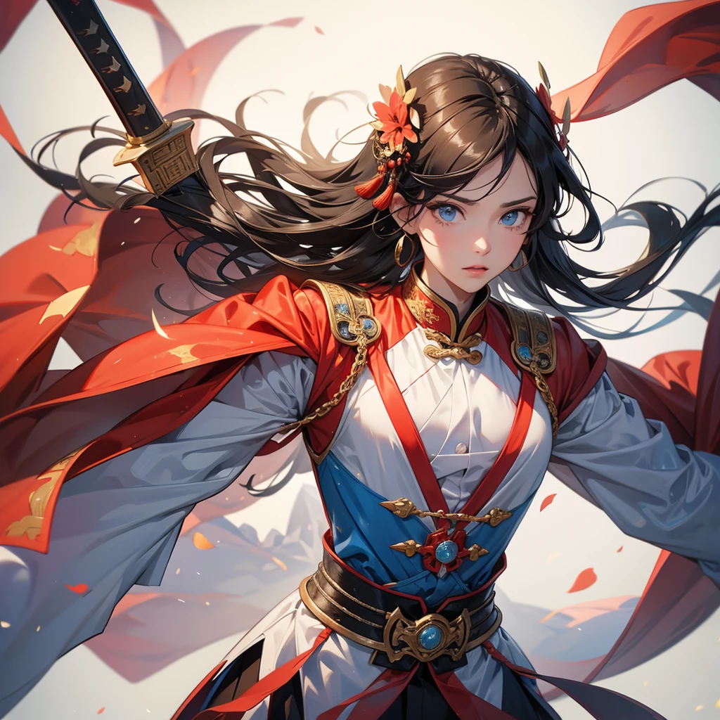 A handsome male general holding a big sword in an ancient Chinese general costume is on an ancient Chinese battlefield.
