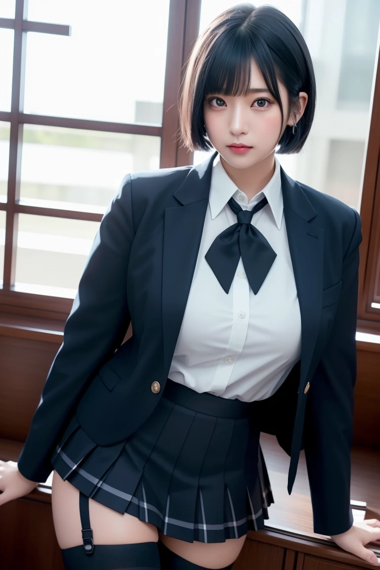 Masterpiece, Highest quality, figure, Very detailed, The finer details, High resolution, 8k,wallpaper, Perfect dynamic composition,(Detailed high quality, Realistic depiction of eyes:1.3), Super cute、The background is a room in a luxury hotel、Schoolgirl uniform、blazer 、Super Short Check Uniform Skirt、Navy blue knee-high socks、garter belt、huge 、Disheveled uniform, Short Bob Hair, Black hair color, hugeな胸, Big Natural Color Lip, Bold sexy pose, (Perfect figure), Crying a little、Cold Stare, Harajuku Style、20-year-old girl、 Beautiful feet, Gravure idol pose, Voluptuous thighs、Taking a picture with a mobile phone in front of the mirror