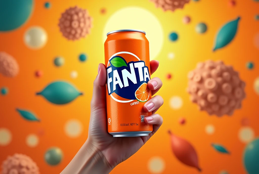 A hand holding a can of orange-flavored Fanta against a fun background