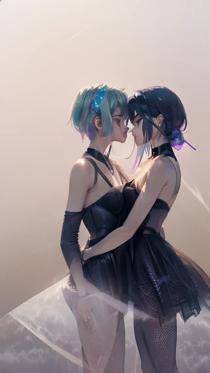 (Mysterious fog:1.5), (Thick Fog:1.2), iridescent, neon dust, shading effects, gradation magic effects, foggy filter effects, glitter effects, graphic CG digital art, Two young women kissing, A woman with long blonde hair and a woman with short black hair