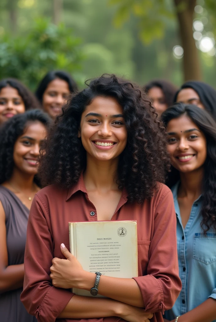 A really indian girl with curly hair and big breasts but very modestly clothed and she is young like a college student with half her face covered with a book and she smiles beautifully all with some other Indian girls, taking a realistic photo