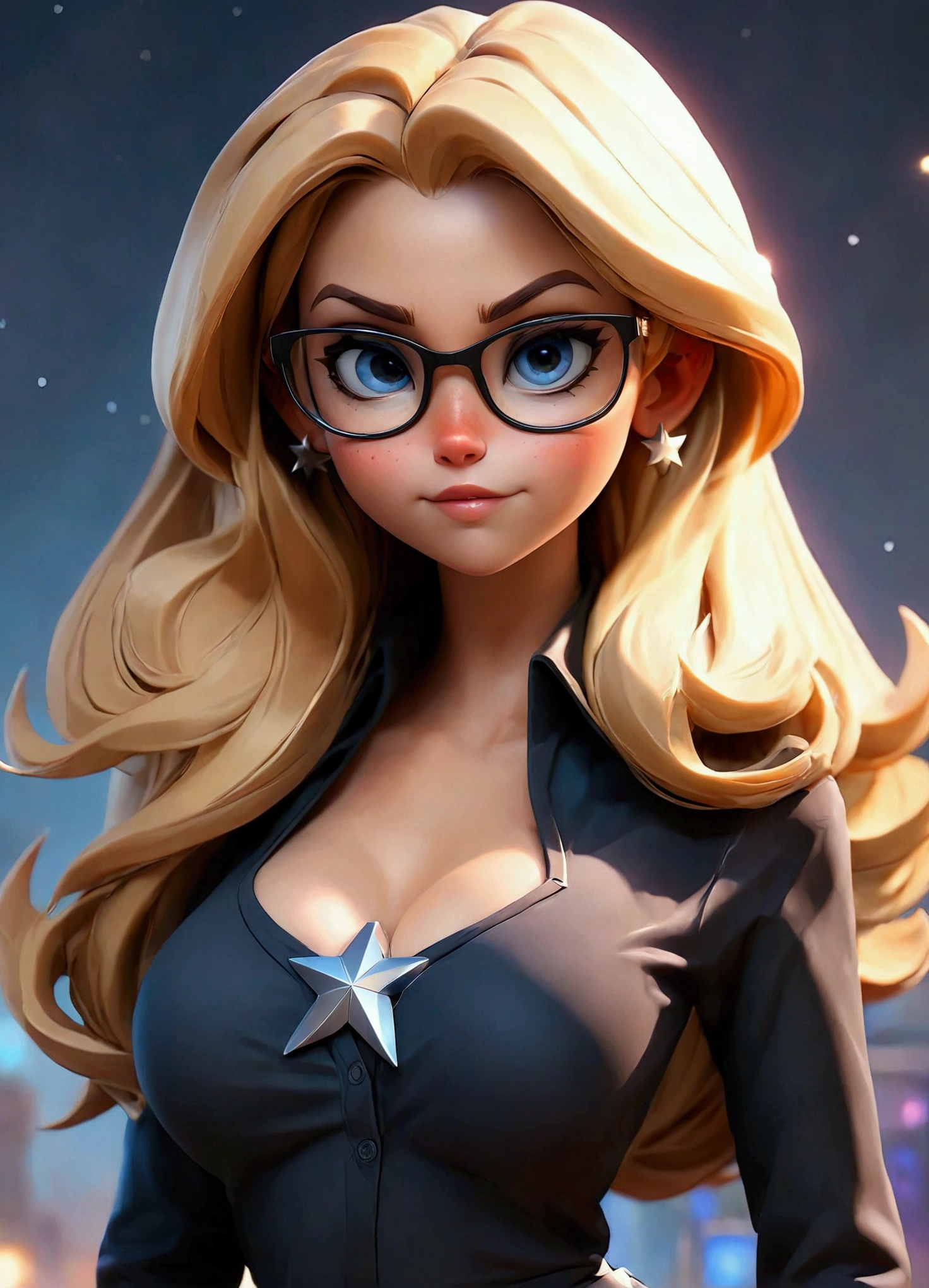 a woman (Stargirl )) (Best quality, high resolution: 1.2), Ultra-detailed, (Realistic: 1.37) brunette, medium blonde hair, blue eyes, with black glasses round small chest, 30 years, full body, ((( big boobs sexy))) logo of star