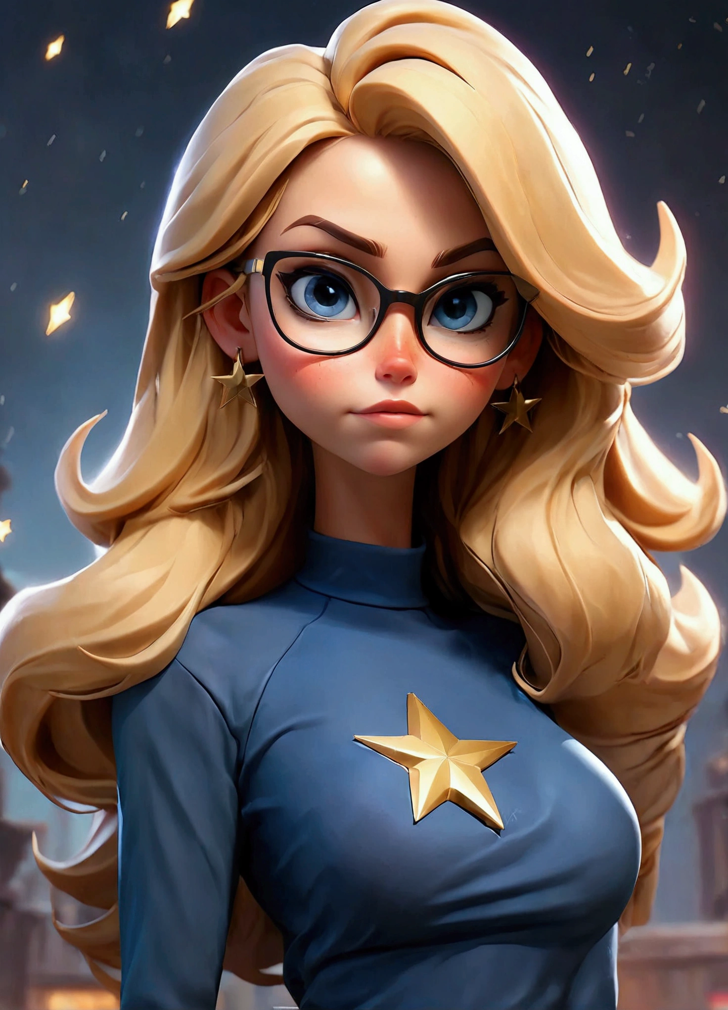 a woman (Stargirl )) (Best quality, high resolution: 1.2), Ultra-detailed, (Realistic: 1.37) brunette, medium blonde hair, blue eyes, with black glasses round small chest, 30 years, full body, ((( big boobs sexy))) logo of star