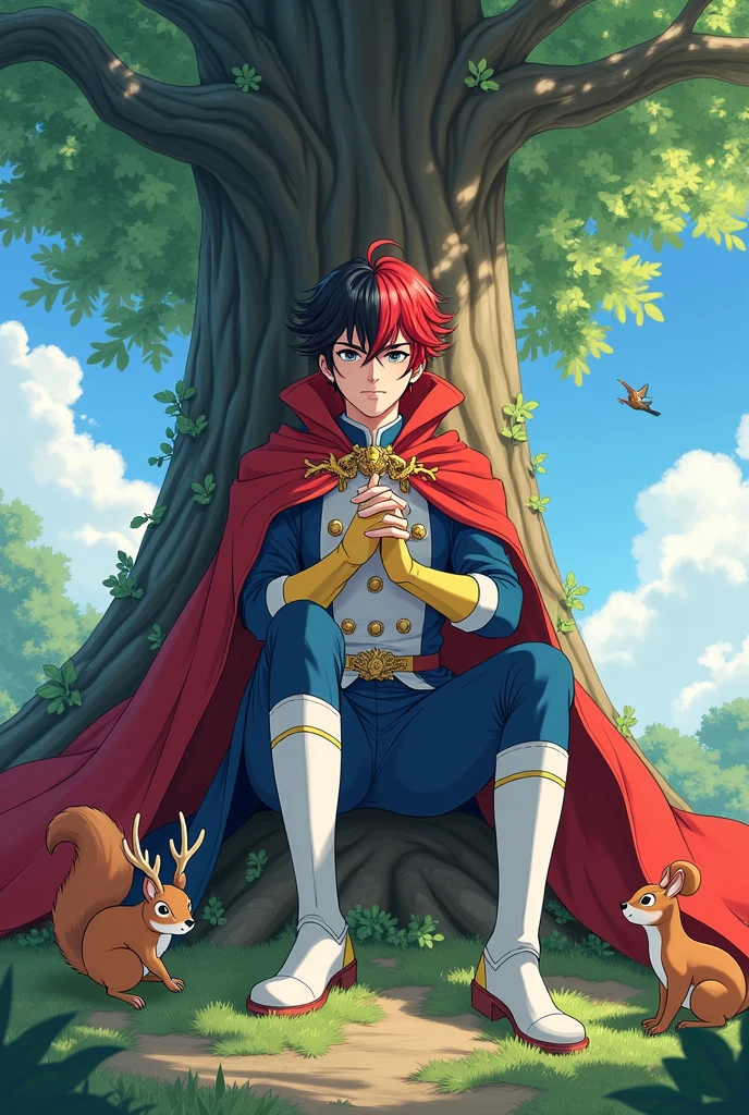 Make an anime male character who had black hair and red hair on the middle side, blue royal prince suit with white sleeves and gold buttons stripes, gray pants, white and yellow boots, long bright red cape with hood. The height is 176 cm and sitting near the tree seeing birds, squirrel and baby deer approaching to him