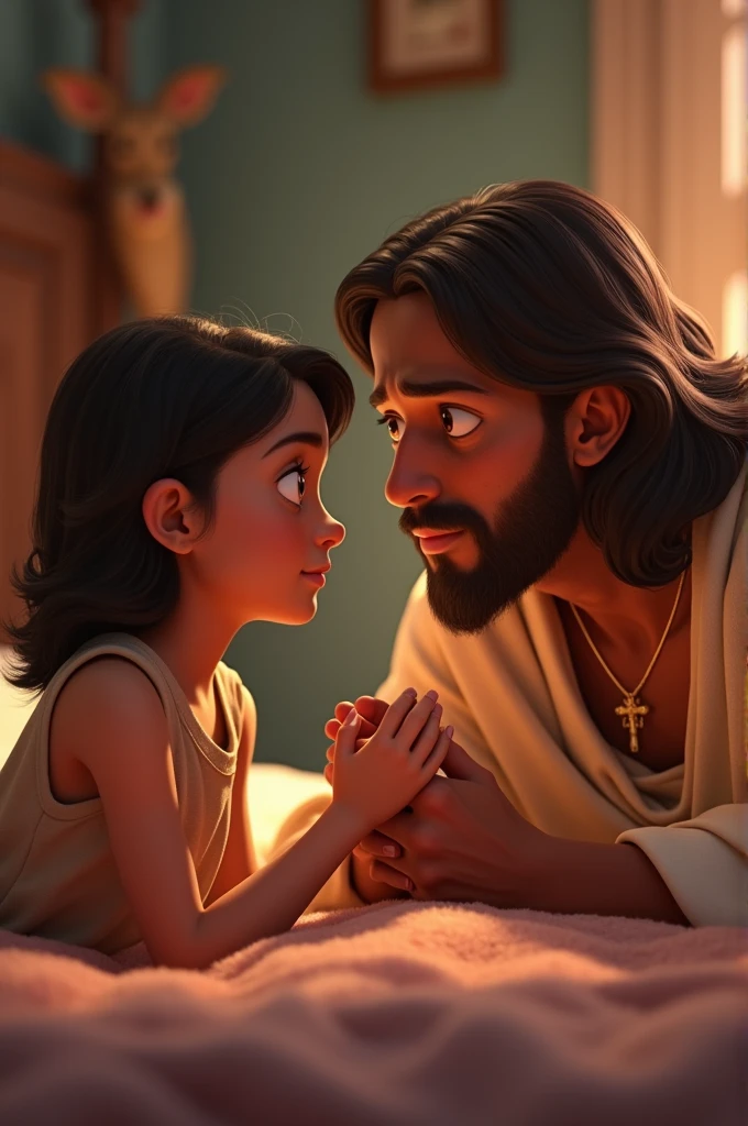 A teenage girl talking anxiously with Jesus and he listens to her in her room, Disney Pixar style drawing., 3D