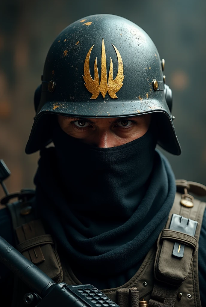 a man in a black balaclava and a black military helmet with a golden claw pattern in the middle of his face aggressively looking into the frame