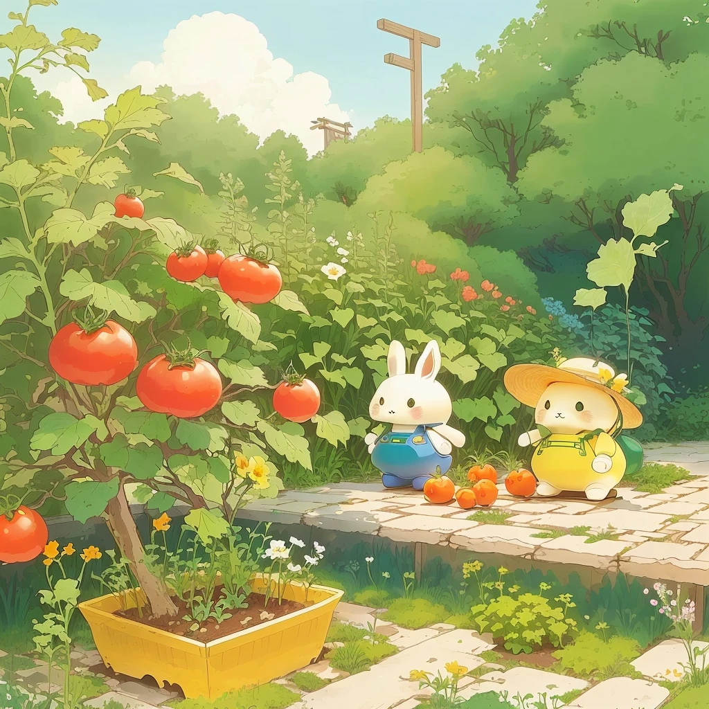 there are two rabbits that are standing on a bench In the garden, In the garden, In the garden, Cute style garden, author:Yumihiko Amano, Miffy, Garden background, author:Naohisa Inoue, Ghibli art style, Gardening, Studio Ghibli style, author:miwa komatsu, Studio Ghibli Art, Forest argan tomato body