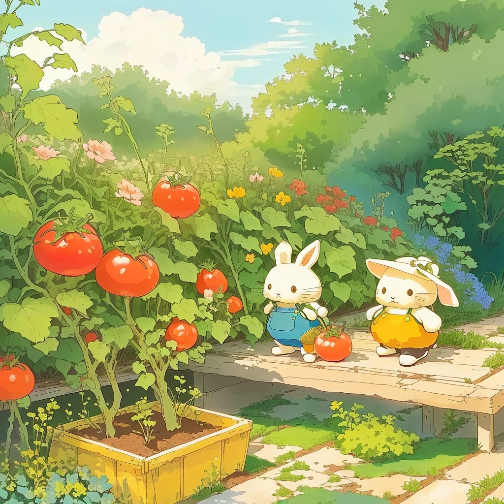 there are two rabbits that are standing on a bench In the garden, In the garden, In the garden, Cute style garden, author:Yumihiko Amano, Miffy, Garden background, author:Naohisa Inoue, Ghibli art style, Gardening, Studio Ghibli style, author:miwa komatsu, Studio Ghibli Art, Forest argan tomato body
