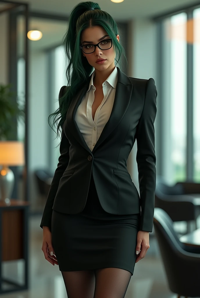 "Create a detailed MeinaUnreal image of a tall, mature woman named Vivienne Hart. She is 37 years old and stands at 6'3" with a toned, curvy physique. Vivienne has long, dark green hair styled into a sleek ponytail, with loose strands framing her stern, hazel eyes that exude power and intensity. She wears stylish glasses that add to her commanding presence.
Her outfit is a form-fitting, black business suit consisting of a pencil skirt and a matching blazer. Underneath the blazer, she wears a light white blouse, partially visible. Her legs are covered in sheer black tights, and she completes the look with sharp black heels. Vivienne's expression is both seductive and intimidating, reflecting her dominant and sadistic personality.
The background is an upscale, modern office setting, with sleek furniture and large windows, subtly indicating her high-status and the powerful business environment she operates in. The overall atmosphere should convey authority, control, and a hint of danger, capturing her as a strong and ambitious woman who is not to be underestimated."