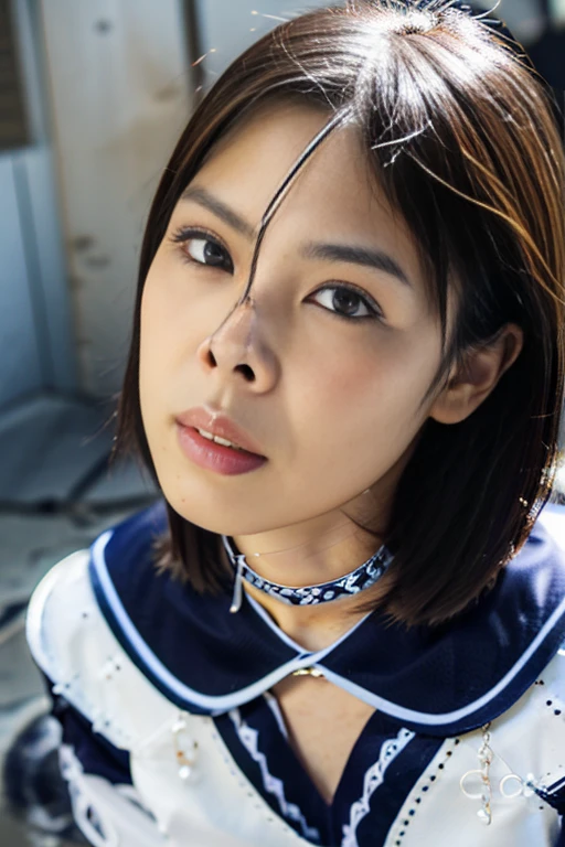 (Cowboy Shot:1.5),(masterpiece, Highest quality:1.2),(Realistic, Photorealistic:1.4), RAW Photos, High resolution, Intricate details, Very detailed, Realistic and sharp details, Portraiture, Looking into the camera, alone, 18 year old Japanese female, See-through underwear, beautiful, Quite kind, Charm, cute, Short Bob Hair, Pale skin, Fine skin, Detailed face, beautiful detailed eyes, beautiful 洗練された鼻, Open your mouth, Ahegao, shameずかしそうな顔, shame, blush, clavicle, ((Collar with leash)), ((Nose hook with ring, strap)), Photo Studio,