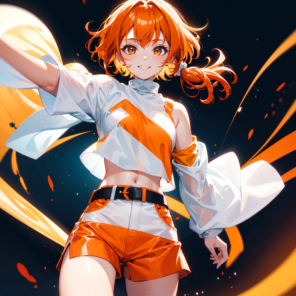 1 girl. short dark orange twin ponytailed hair, orange smiling eyes, wearing white long sleeve crop top, green shorts and white belt, white high boots, playing in the rain, high res, ultrasharp, 8k, masterpiece