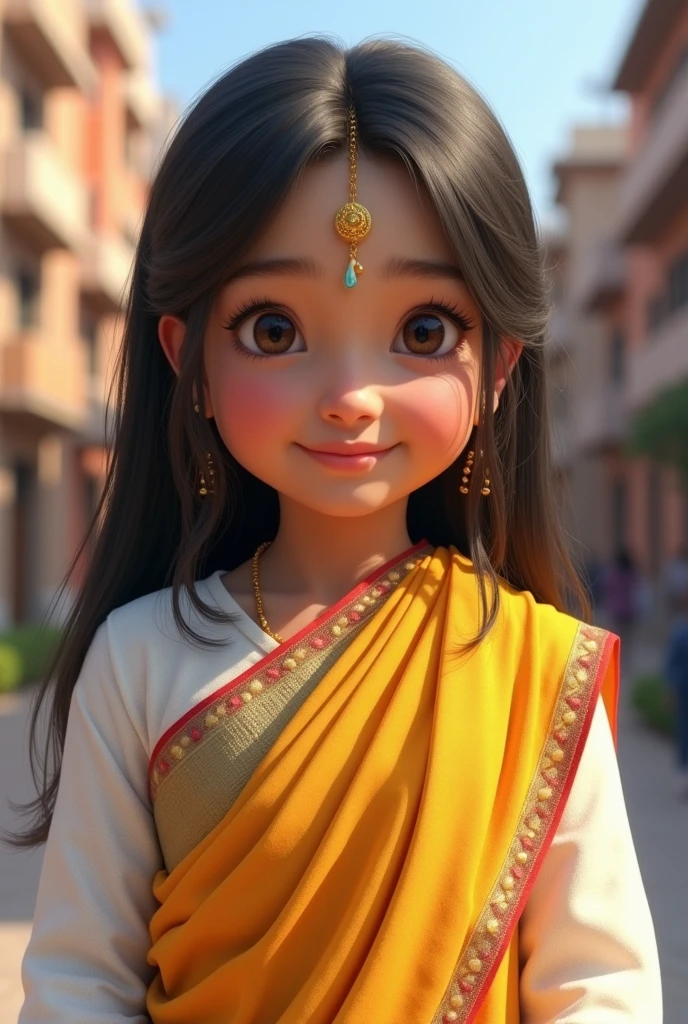 Create a cute nepali brahmin culture girl wearing a white kurtha and yellow sal and have properly white skin tone in a city background at a height of 4 feet and 11 inches and straight hair with light coming on her face with a normal size face and have small eyes looking like a real person and the girl is having small eyes