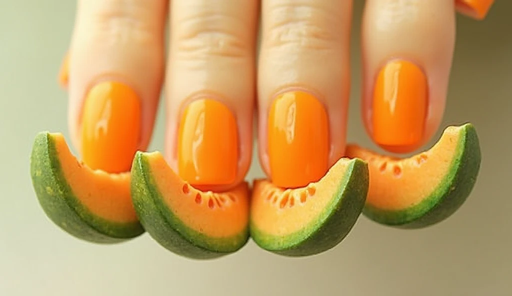 **Cantaloupe Crescent Nail Art:** This design incorporates crescent-shaped cantaloupe slices along the edges of the nails. The center of each nail features a smooth, detailed crescent slice with vibrant orange flesh. The background mimics the cantaloupe’s rind, with a soft green and beige gradient that wraps around the crescent slices, giving the nails a natural, harmonious look.