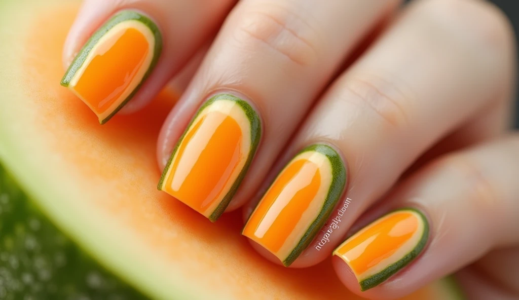 **Cantaloupe Crescent Nail Art:** This design incorporates crescent-shaped cantaloupe slices along the edges of the nails. The center of each nail features a smooth, detailed crescent slice with vibrant orange flesh. The background mimics the cantaloupe’s rind, with a soft green and beige gradient that wraps around the crescent slices, giving the nails a natural, harmonious look.