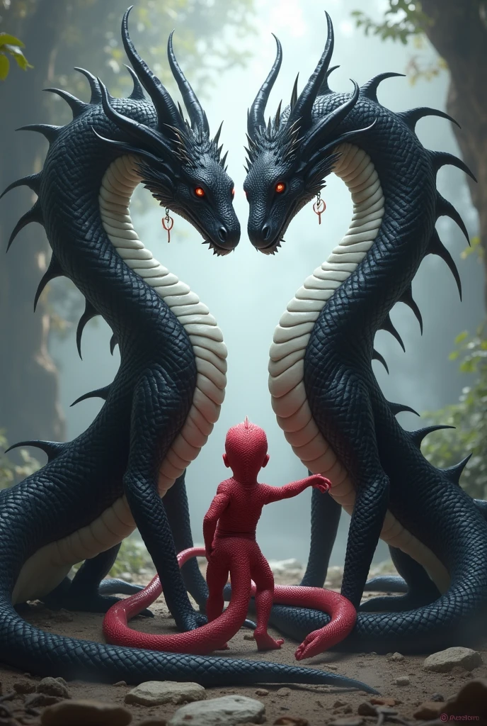 The black and white Naga protect the red Naga child.