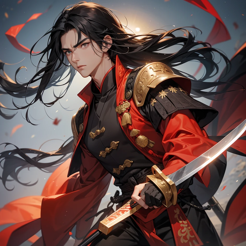 handsome black-haired male general holding a large sword in an ancient Chinese general outfit is on an ancient Chinese battlefield.