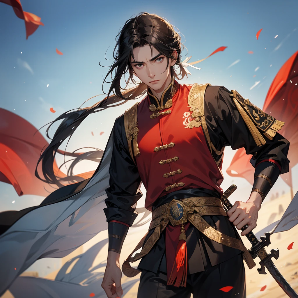 handsome black-haired male general holding a large sword in an ancient Chinese general outfit is on an ancient Chinese battlefield.