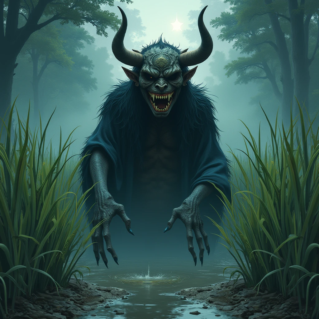 Traditional Japanese(((Hornless Demon)))Create detailed and atmospheric illustrations of. The scene should evoke ancient folklore and a sense of dread, Traditional Japanese服装と特徴を持つ夜叉や鬼を特徴とする. The background is a rice paddy, with the demon's lower body buried in the soil。. The delicate rice paddy contrasts with the menacing presence of the oni and yasha。, Creates a scene that is both unsettling and melancholic. wood々Soft starlight filtering through the gaps, and、A faint breeze adds a sense of eeriness to the atmosphere. The character should have a terrifying expression, With sharp claws, Sharp Eye, Traditional Japanese仮面で超自然的で不吉な性質を強調する.