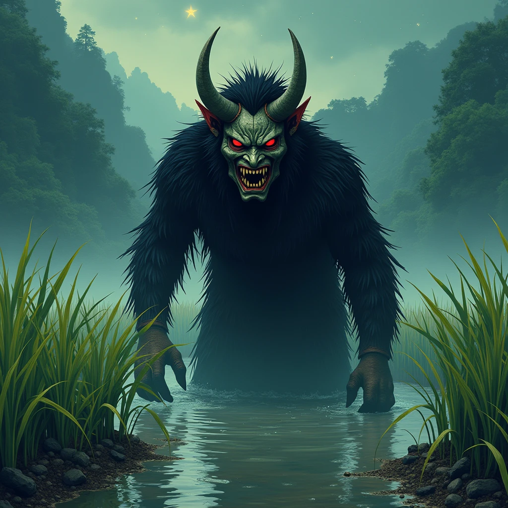 Traditional Japanese(((Hornless Demon)))Create detailed and atmospheric illustrations of. The scene should evoke ancient folklore and a sense of dread, Traditional Japanese服装と特徴を持つ夜叉や鬼を特徴とする. The background is a rice paddy, with the demon's lower body buried in the soil。. The delicate rice paddy contrasts with the menacing presence of the oni and yasha。, Creates a scene that is both unsettling and melancholic. wood々Soft starlight filtering through the gaps, and、A faint breeze adds a sense of eeriness to the atmosphere. The character should have a terrifying expression, With sharp claws, Sharp Eye, Traditional Japanese仮面で超自然的で不吉な性質を強調する.