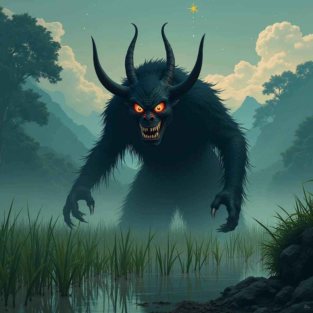 Traditional Japanese(((Hornless Demon)))Create detailed and atmospheric illustrations of. The scene should evoke ancient folklore and a sense of dread, Traditional Japanese服装と特徴を持つ夜叉や鬼を特徴とする. The background is a rice paddy, with the demon's lower body buried in the soil。. The delicate rice paddy contrasts with the menacing presence of the oni and yasha。, Creates a scene that is both unsettling and melancholic. wood々Soft starlight filtering through the gaps, and、A faint breeze adds a sense of eeriness to the atmosphere. The character should have a terrifying expression, With sharp claws, Sharp Eye, Traditional Japanese仮面で超自然的で不吉な性質を強調する.