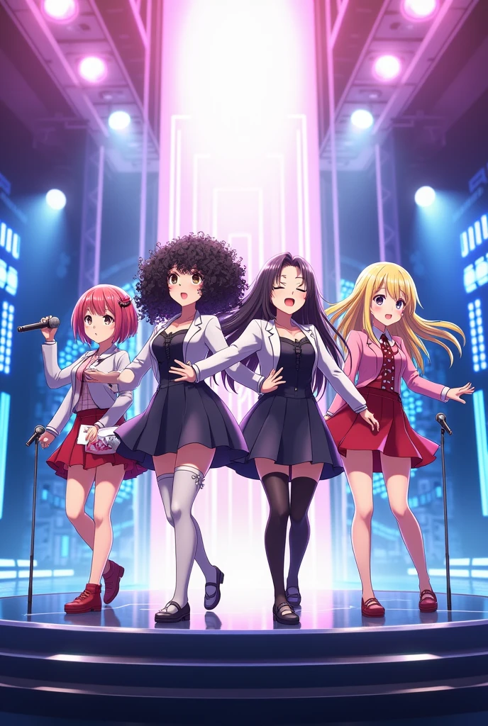 4 anime girls singing in a stage, one with a bob, one with curly hair, one with straight hair and one with straight blonde hair 