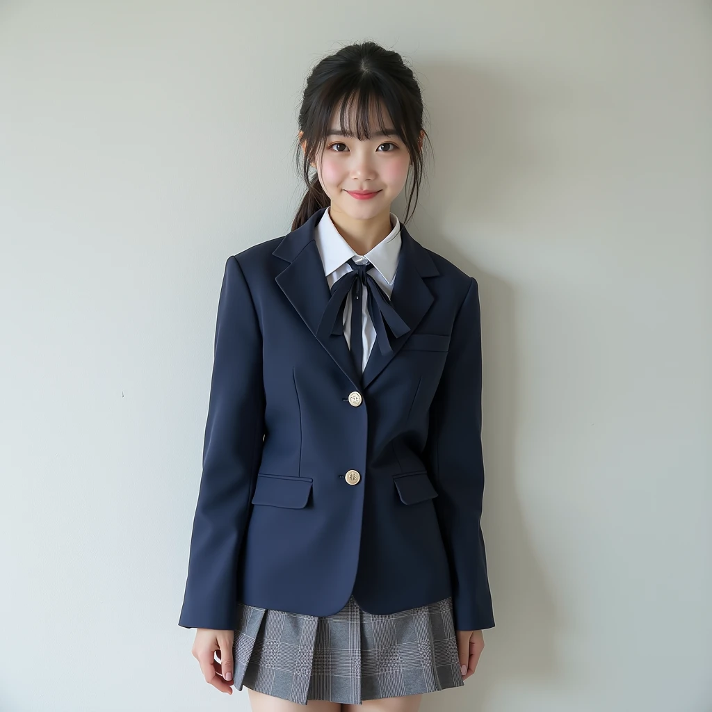 Japanese 18 year old high school girl、Navy blue blazer uniform、Grey pleated mile