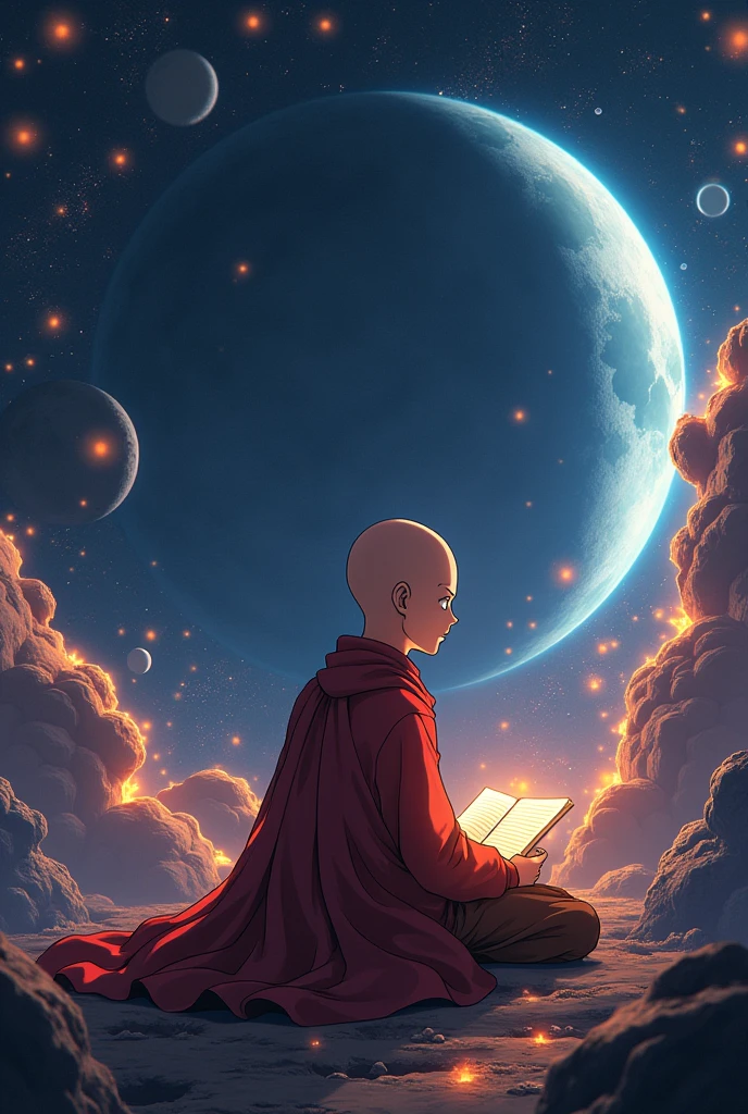 Draw anime saitama, sitting on a moon floating in the middle of the asteroid belt. He was studying with a notebook, surrounded by several asteroids shining with a fiery aura. Dramatic lighting from distant stars and planets illuminates the scene, casting deep shadows on the outfits. The young man looks confident and determined, looking at the vast and mysterious universe with awe and reverence, facial hair, cowboy shot


