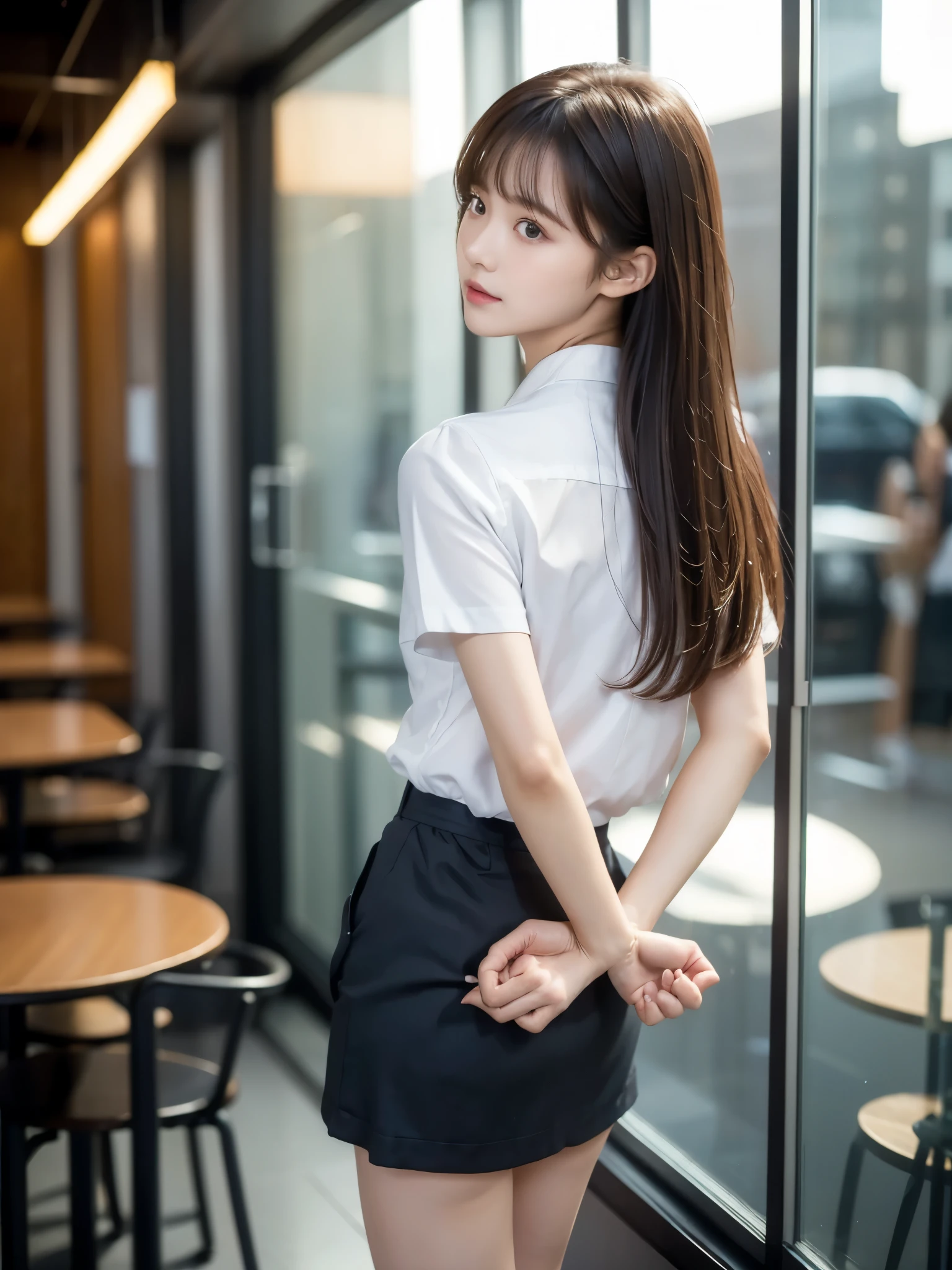 woman、her hands are tied、((put your hands behind your back))、((Place your hands together and cross them behind your back))、(((Her wrists are tied with rope)))、shibari、Beauty、20Year、university student、(anatomicaly, Has two arms and two hands)、In a lighted hotel room、Standing by the window、Outside the window is the night sky、There are many stars、Wearing a short-sleeved blouse、Wear a high school student-style miniskirt、Uniform eyes、Proportional ratio、Small breasts、Small face、(I can see from head to heel), Black Hair, bangs, swept bangs, Straight hair, Nervous, Messy Hair, Floating hair, Cinema Lighting, tachi-e, First-person view, throw, From behind, F/1.2, Nikon, Surrealism, 超High resolution, Highest quality, High resolution, 8k, Textured skin, anatomicaly正しい体,