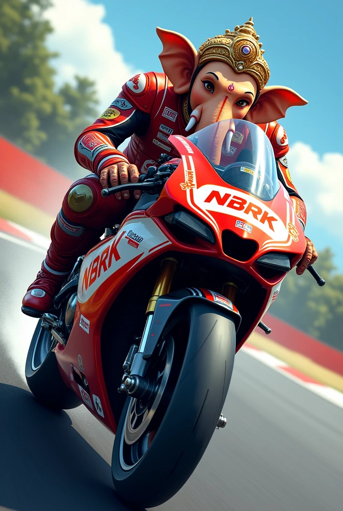 Create an image of young god Vinayaka as a bike racer sponcered by NBRK bike company 