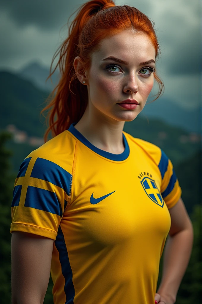 (realistic,photorealistic,photo-realistic:1.37),(best quality,4k,8k,highres,masterpiece:1.2),ultra-detailed,extremely detailed eyes and face,longeyelashes,beautiful detailed eyes,beautiful detailed lips,fit athletic woman,redheaded woman,woman wearing sweden soccer team t-shirt,dynamic pose,dramatic lighting,natural scenery background,vivid colors,cinematic,dramatic