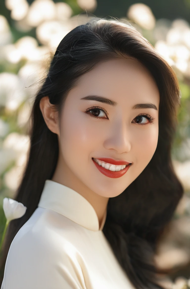 (Masterpiece, best quality, ultra realistic,32k, RAW photo, detail skin, 8k uhd, dslr, high quality, film grain:1.5),1girl, white ao dai, pants,  long hair, looking at viewer, smile, black hair, long sleeves, dress, jewelry, standing, flower, earrings, outdoors, white dress, blurry, black eyes, blurry background, realistic, 16mm film live soft color