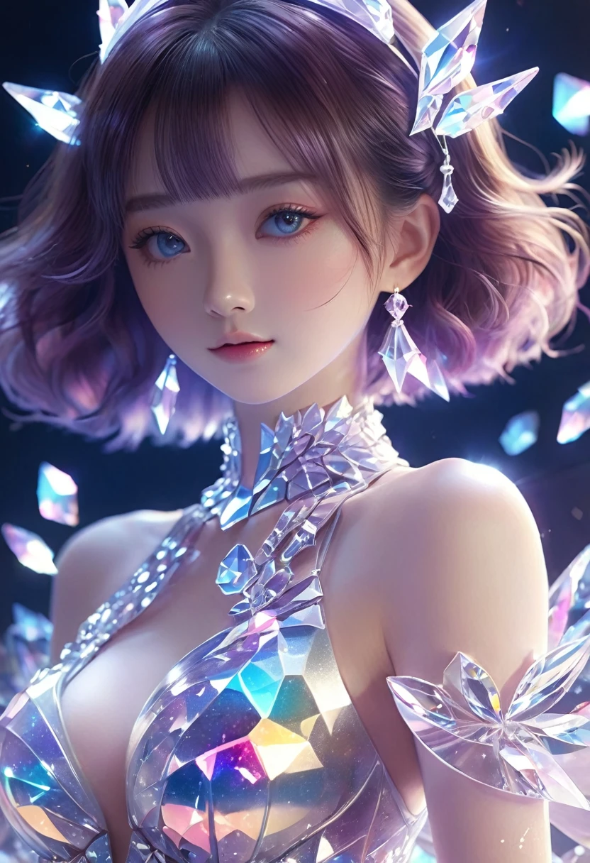 crystal covered, （Full body ：1.3）, alternate color, masterpiece, detailed illustration, realistic, pixiv top quality, exquisite, {{{kawaii 1girl}}}, ultra beauties who fuse with machines, glitter beautiful female, Half of my body is made of machines, cinematic lighting, dynamic angle, dynamic pose, crystal world, depth of field，Shiny socks，Crystal stockings，Crystal high heels
