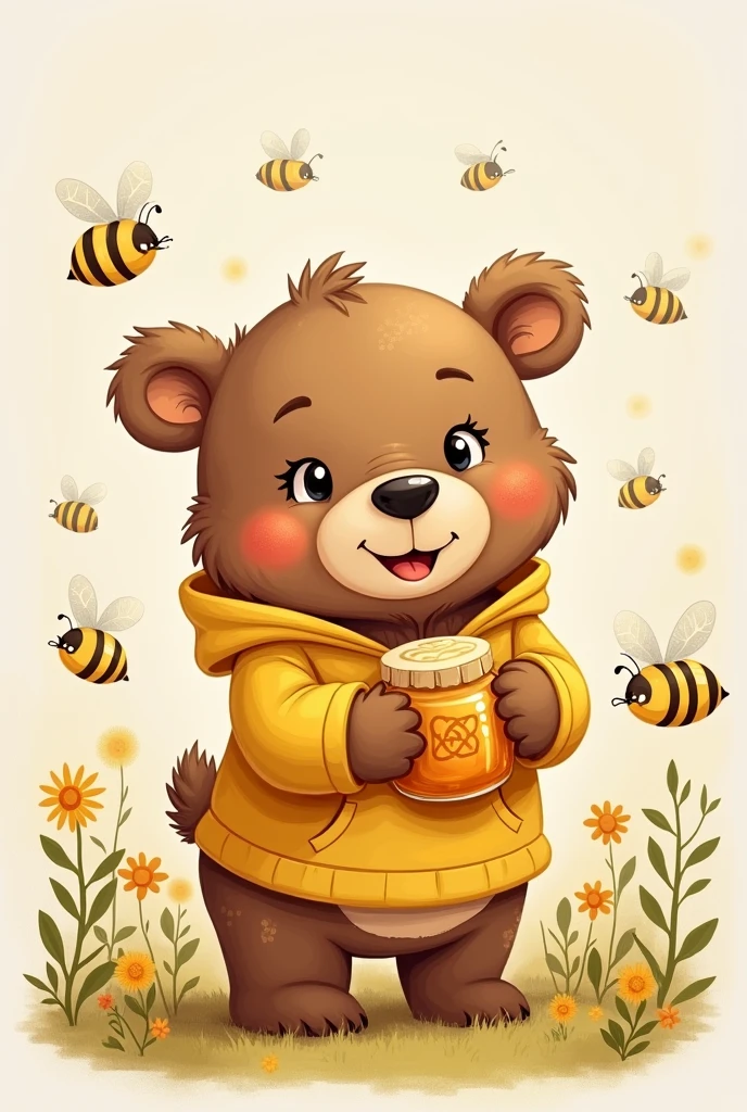 Smiling brown bear cub、Yellow hoodie、Round ears、cute、honey、Standing pose、Bees flying around、Friendly atmosphere、High resolution、Handwritten style、Hand-drawn illustrations、Candy House
