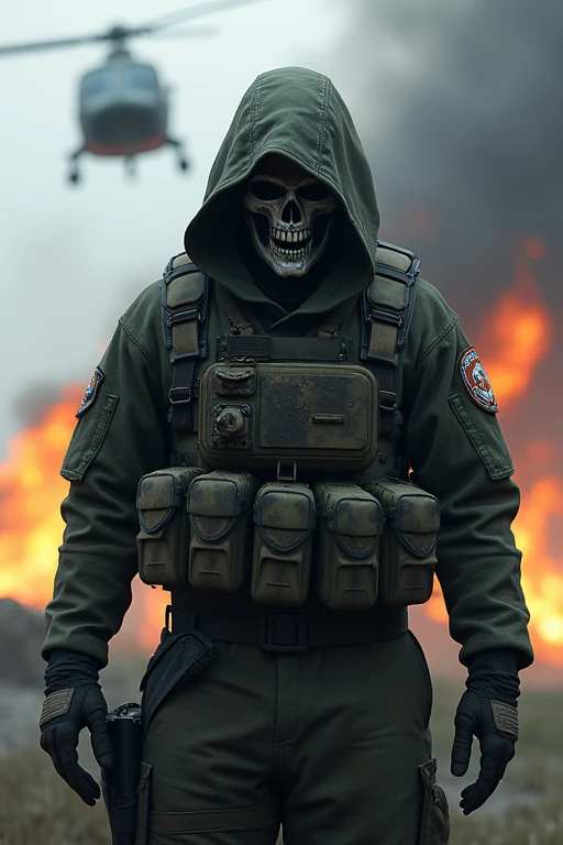 The character of Ghost in the Call of Duty game, who looks at Dubin and looks at the camera with majesty and power, and in the background, there is a helicopter above, falls and a fire rises below.