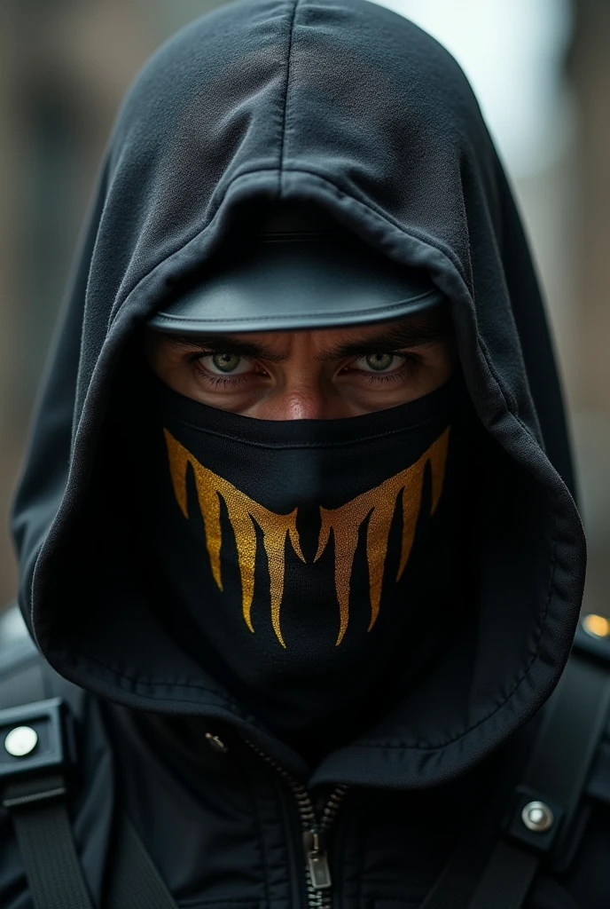 a man in a black balaclava and a black military helmet with a golden claw pattern in the middle of his face aggressively looking into the frame