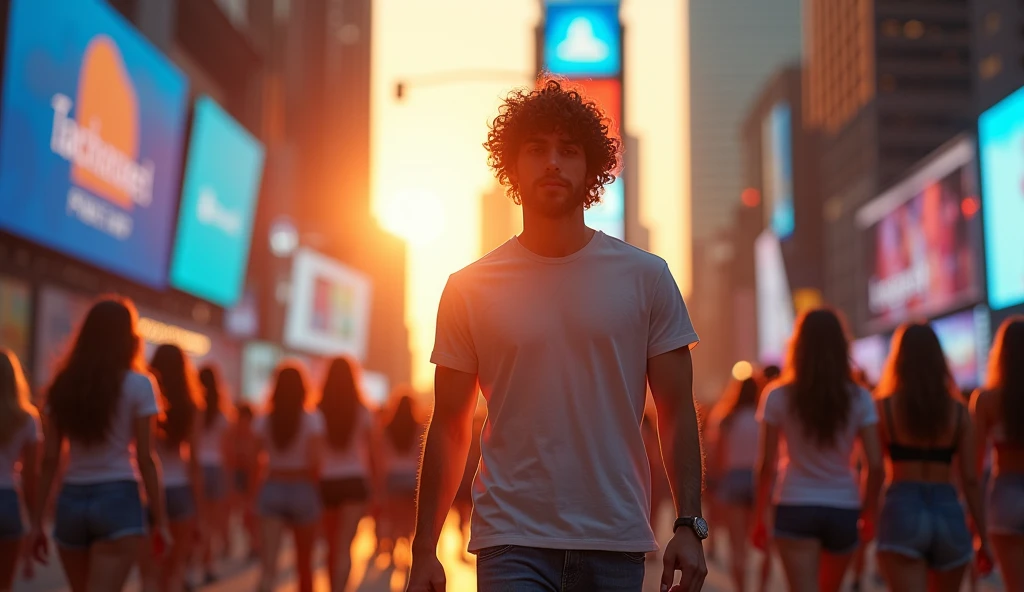 Create an image of a handsome man walking confidently on a busy street in Times Square, USA. He has curly hair and is dressed casually in jeans and a t-shirt. The scene takes place outdoors during an orange-hued sunset, with the soft lighting casting a warm glow over the surroundings. The man is walking with a relaxed yet purposeful stride, with intricate details in his clothing and hair.
The background features vibrant colors, focusing on a blue color palette with neon signs and billboards. The road is bustling with activity, filled with numerous young women wearing sleeveless t-shirts and shorts, casually wandering around as the focal point. The image should highlight the crowded, energetic atmosphere of Times Square, with the man as the focal point. The overall scene should be realistic, with intricate details and vibrant colors, emphasizing the contrast between the cool blue tones of the city and the warm orange sunset.