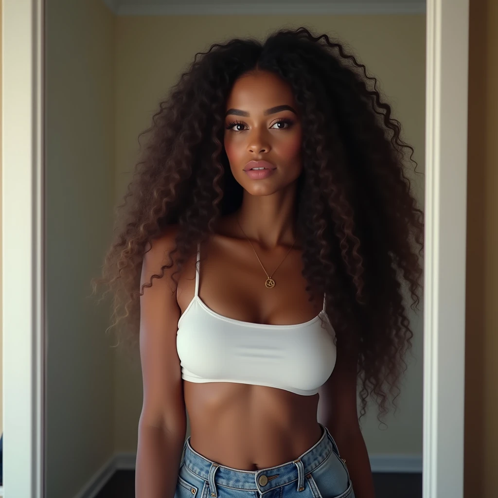 a beautiful mixed girl, long wavy hair, extremely detailed full body, beautiful detailed eyes, beautiful detailed lips, selfie in home in front of a mirror, blue jean white top vibrant colors, natural lighting, (best quality,4k,8k,highres,masterpiece:1.2),ultra-detailed,(realistic,photorealistic,photo-realistic:1.37),portrait,landscape