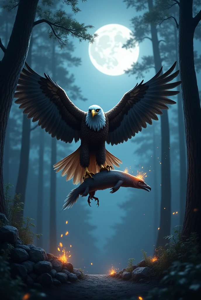 Eagle flying  in the forest night with the roasted meat had some embers stuck to it, in her claw