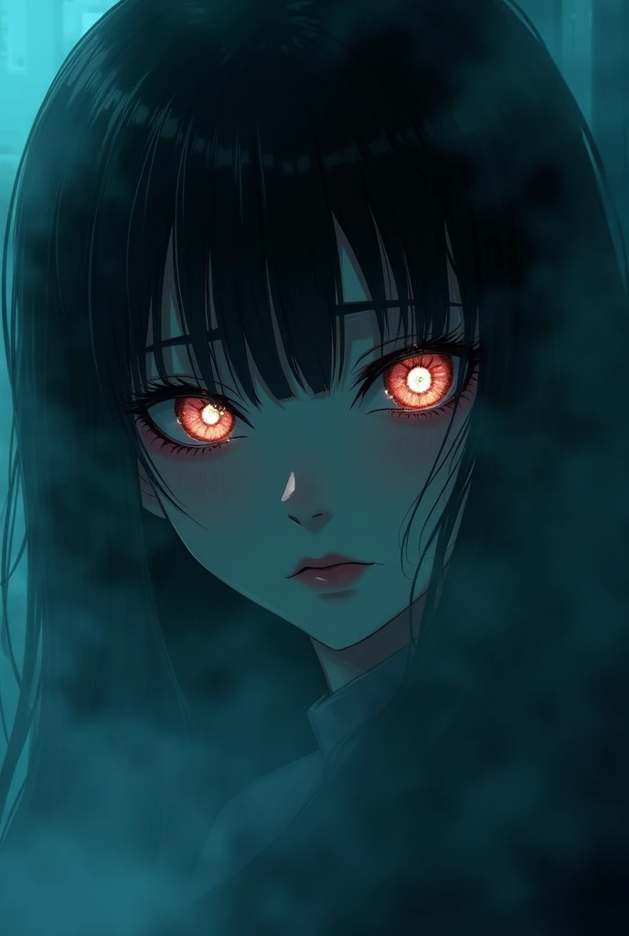 anime comic art ((a female vampire's pair of glowing eyes shines)) close up picture, (((the fog hides the face))), you see only the glowing eyes , you see only the pair of eyes, fantasy dark alley background, the fog fills the alley, you see only the glowing eyes